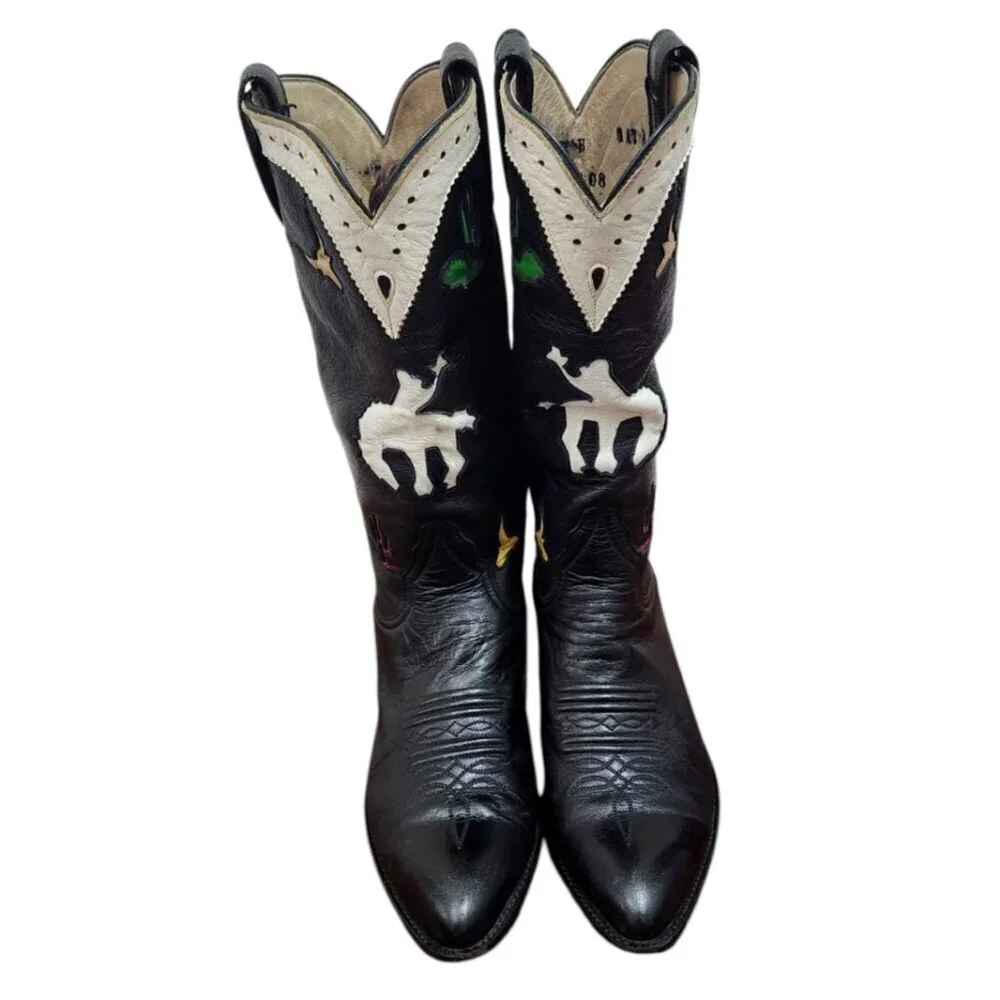 Larry Mahan Vintage Rare Rodeo Black White Red Cowgirl Cowboy Western Boots 7 B